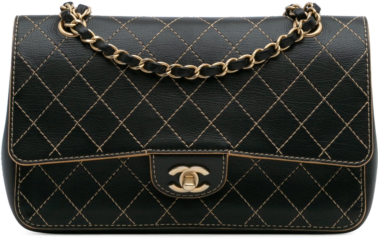 Chanel Medium Classic Calfskin Wild Stitch Double Flap Zwart