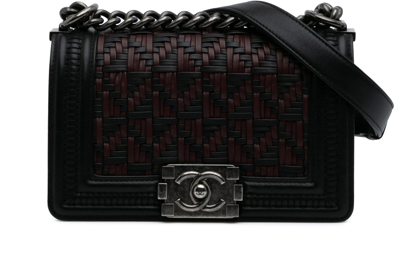 Chanel Small Bicolor Woven Calfskin Boy Flap Zwart