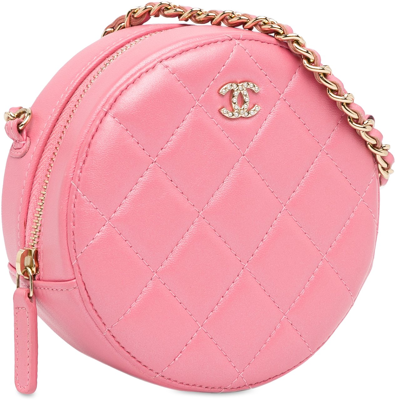 Chanel CC Quilted Lambskin Pearl Crush Round Clutch with Chain Roze