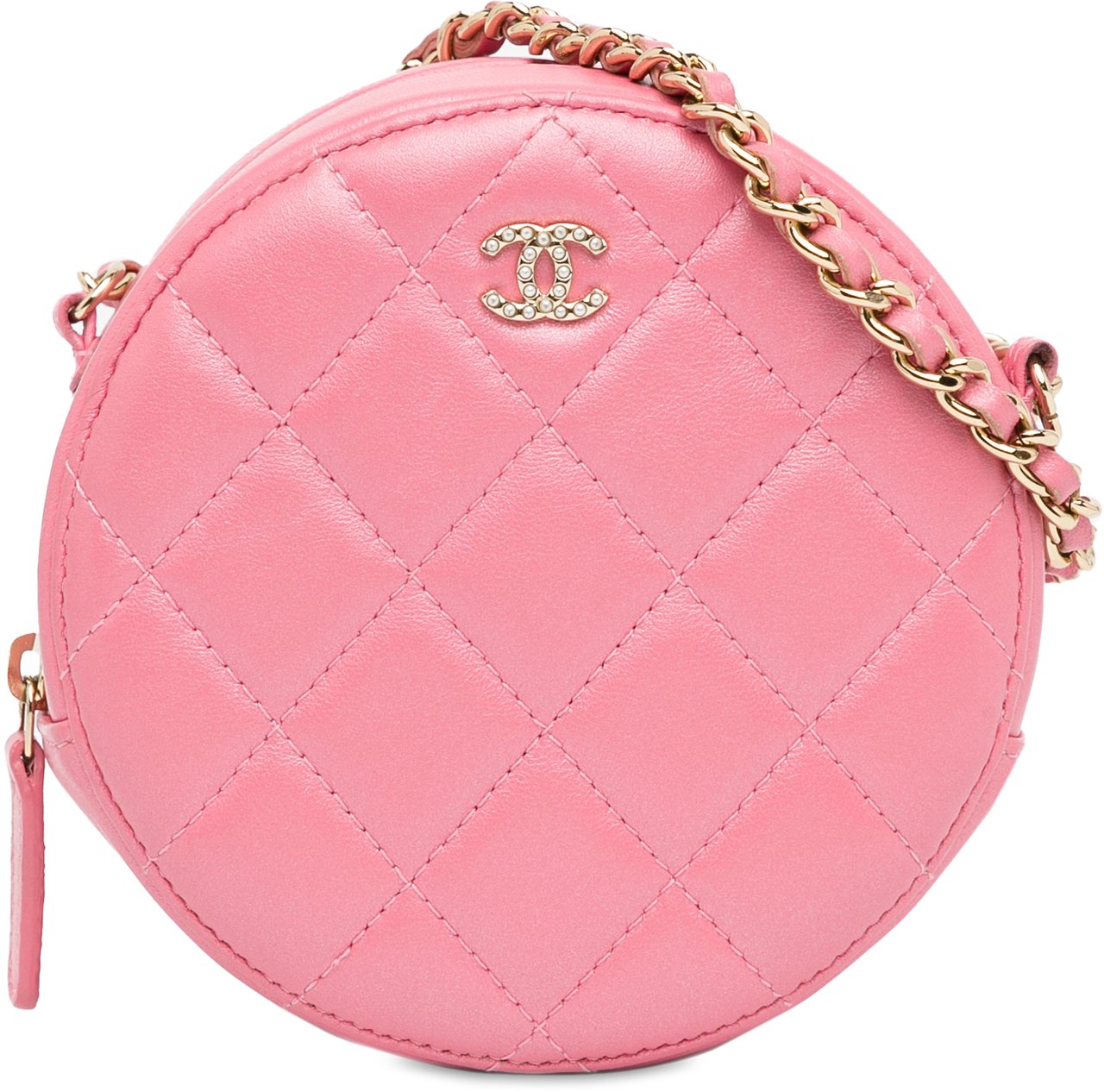 Chanel CC Quilted Lambskin Pearl Crush Round Clutch with Chain Roze