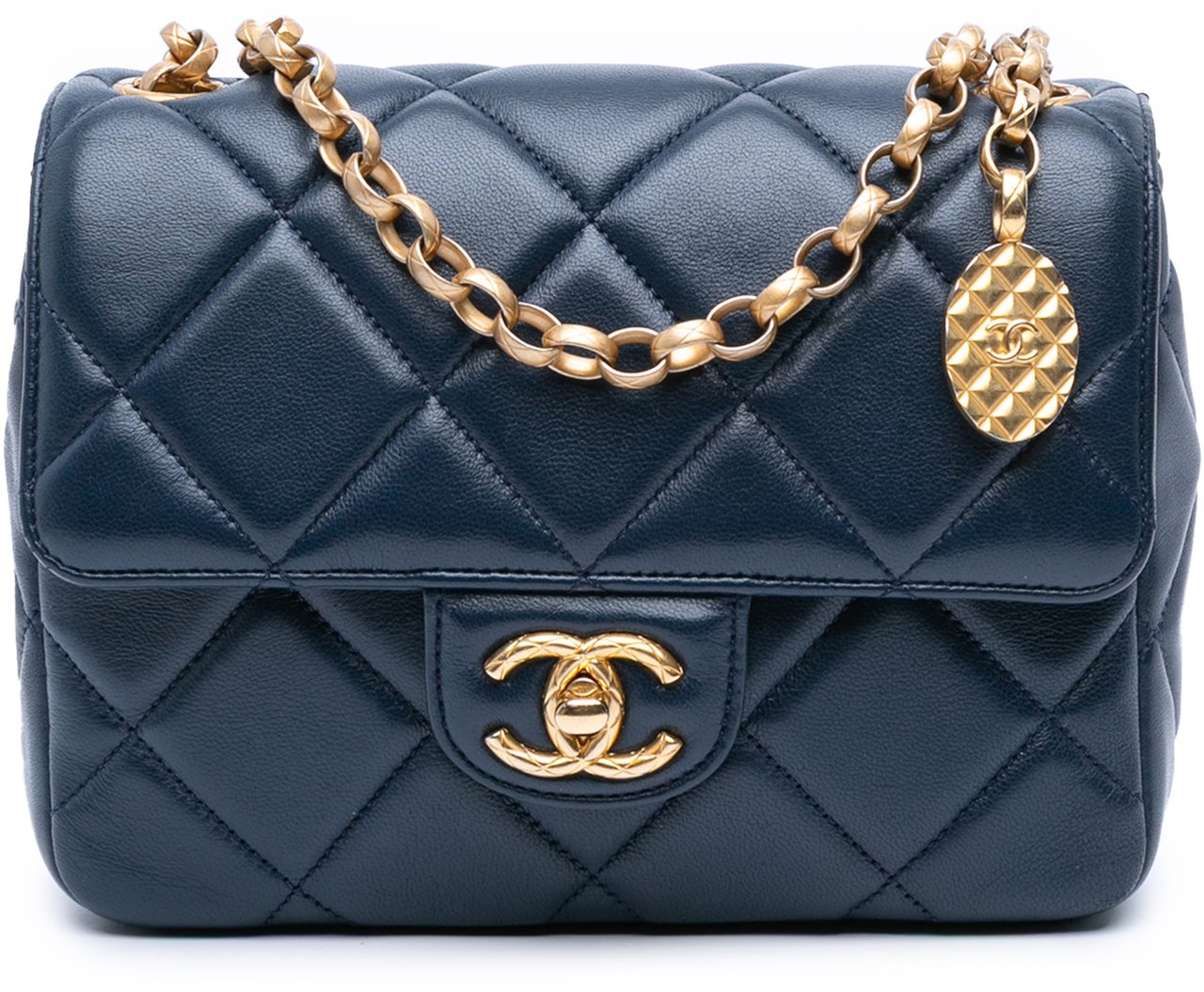 Chanel Mini Square Quilted Lambskin Bijoux Logo Chain Flap Blauw