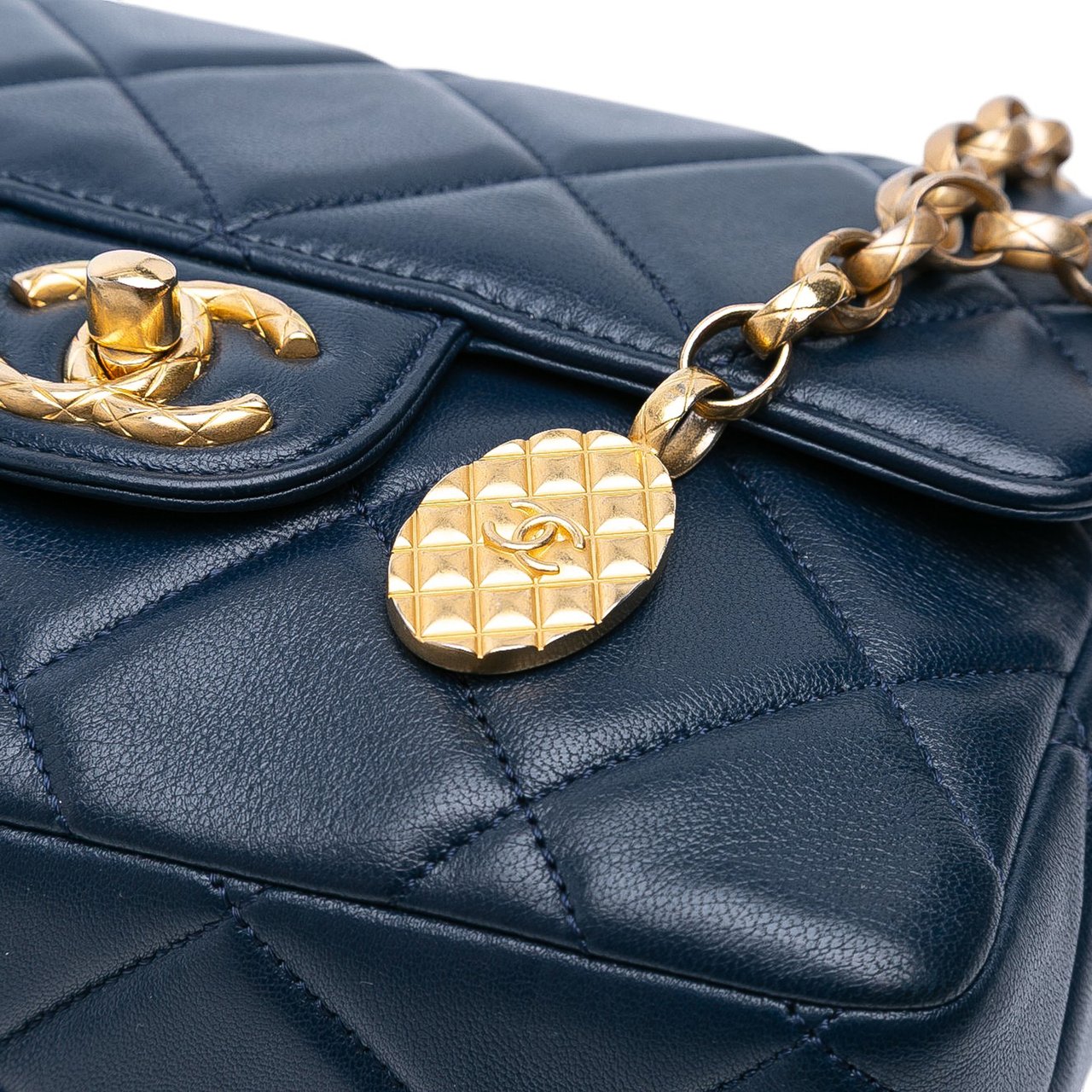 Chanel Mini Square Quilted Lambskin Bijoux Logo Chain Flap Blauw