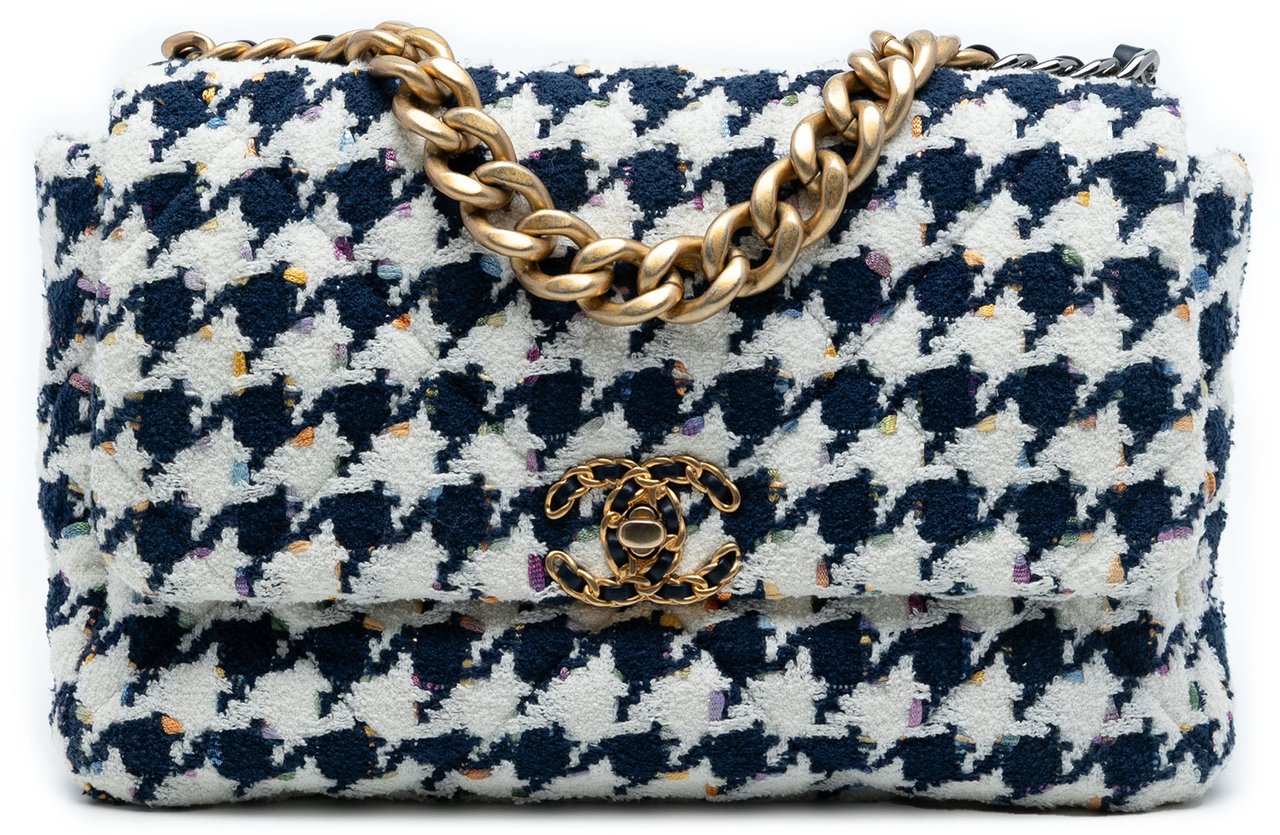 Chanel Large Houndstooth Tweed 19 Flap Blauw