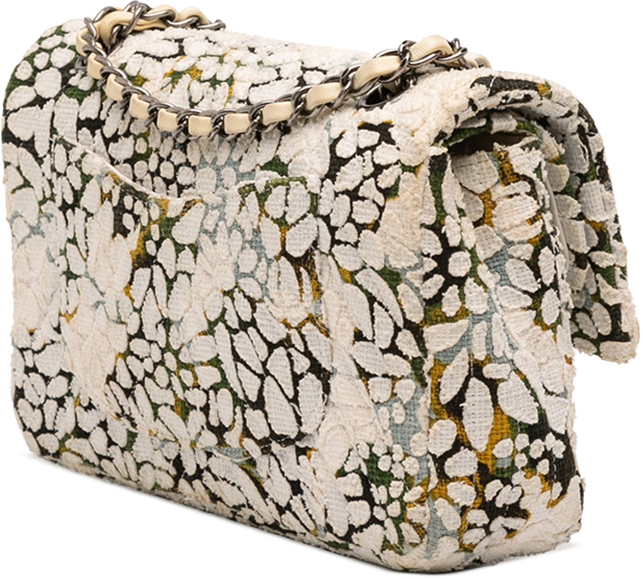 Chanel Medium Classic Chevron Tweed Floral Double Flap Wit