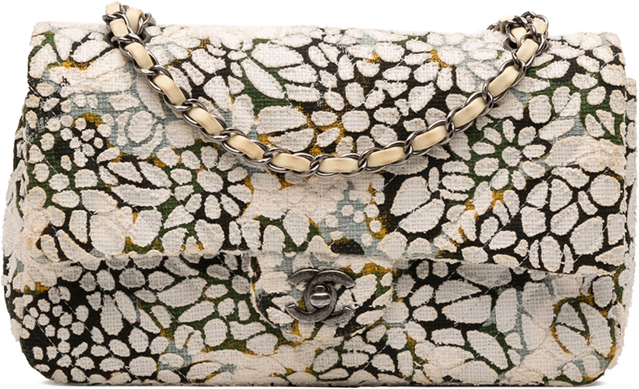 Chanel Medium Classic Chevron Tweed Floral Double Flap Wit