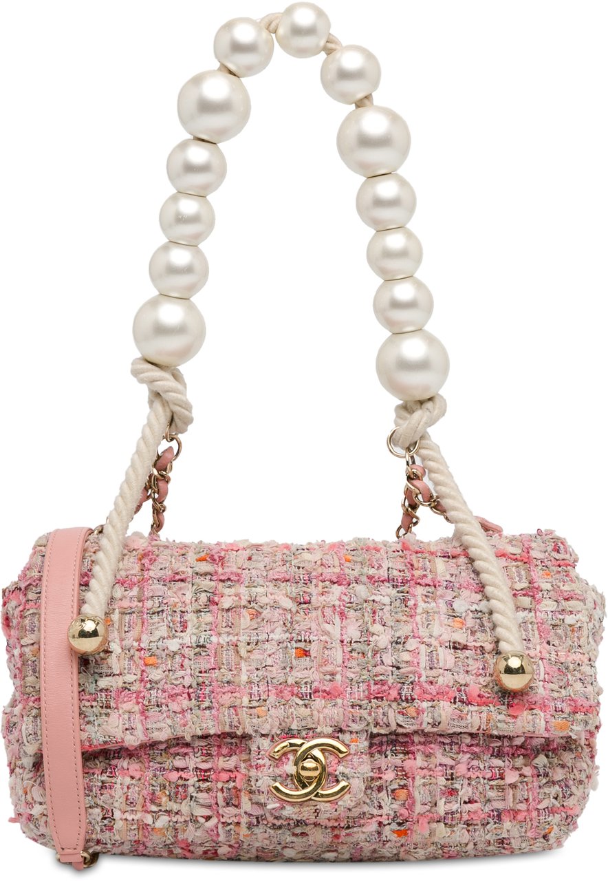Chanel Medium Tweed Large Pearl Handle Flap Roze
