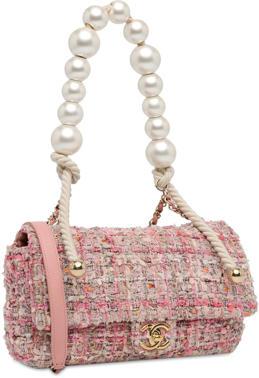Chanel Medium Tweed Large Pearl Handle Flap Roze
