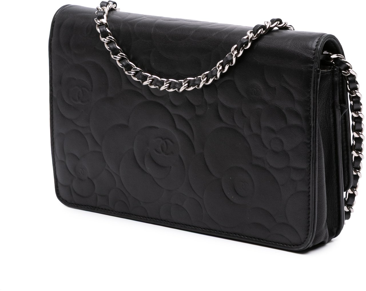 Chanel Camellia Embossed Lambskin Wallet On Chain Zwart