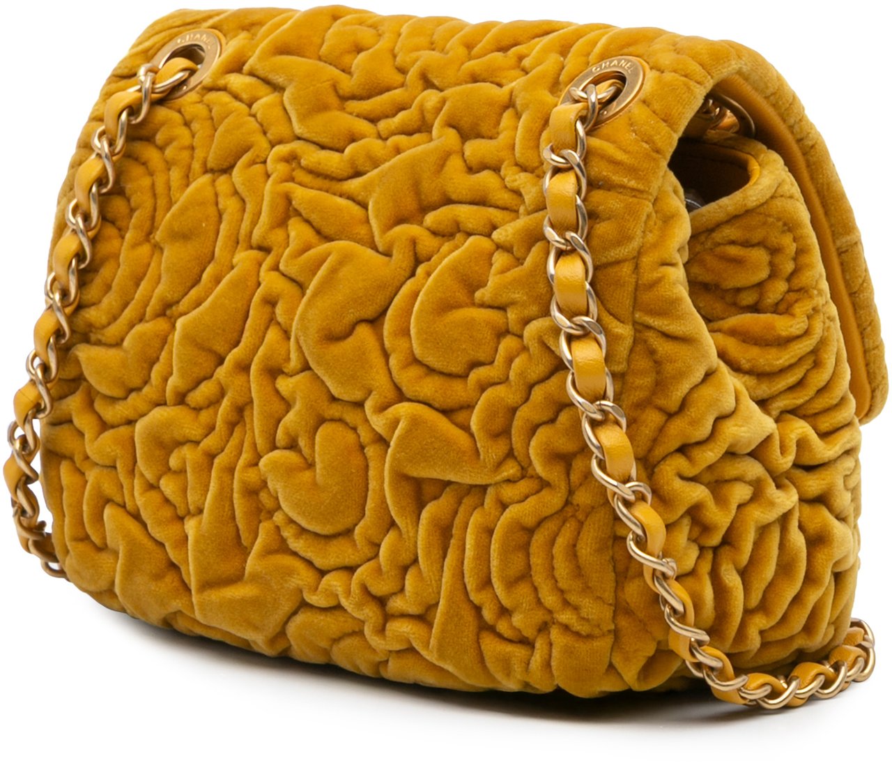 Chanel Mini Square Velvet Camellia Embossed Flap Geel