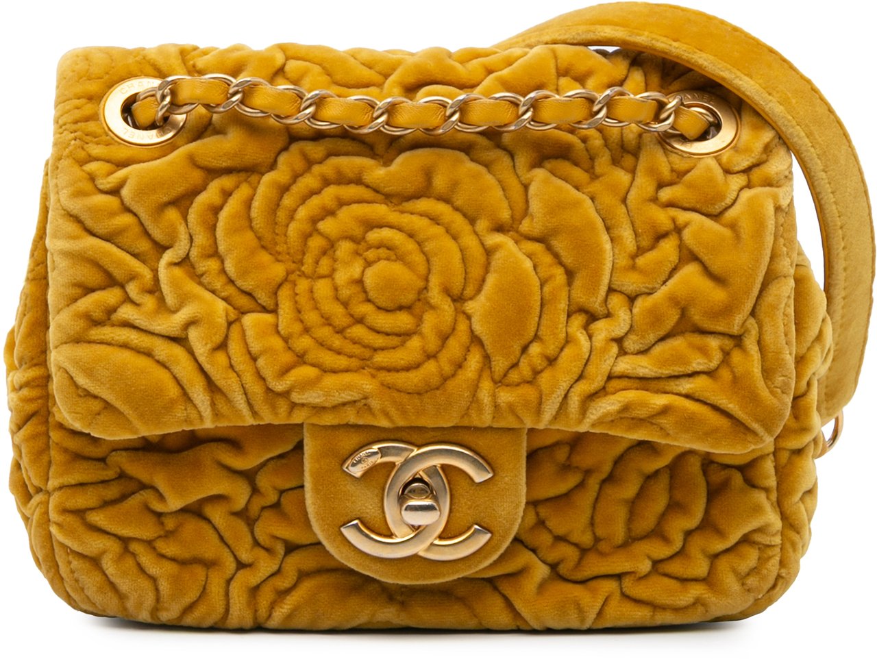 Chanel Mini Square Velvet Camellia Embossed Flap Geel