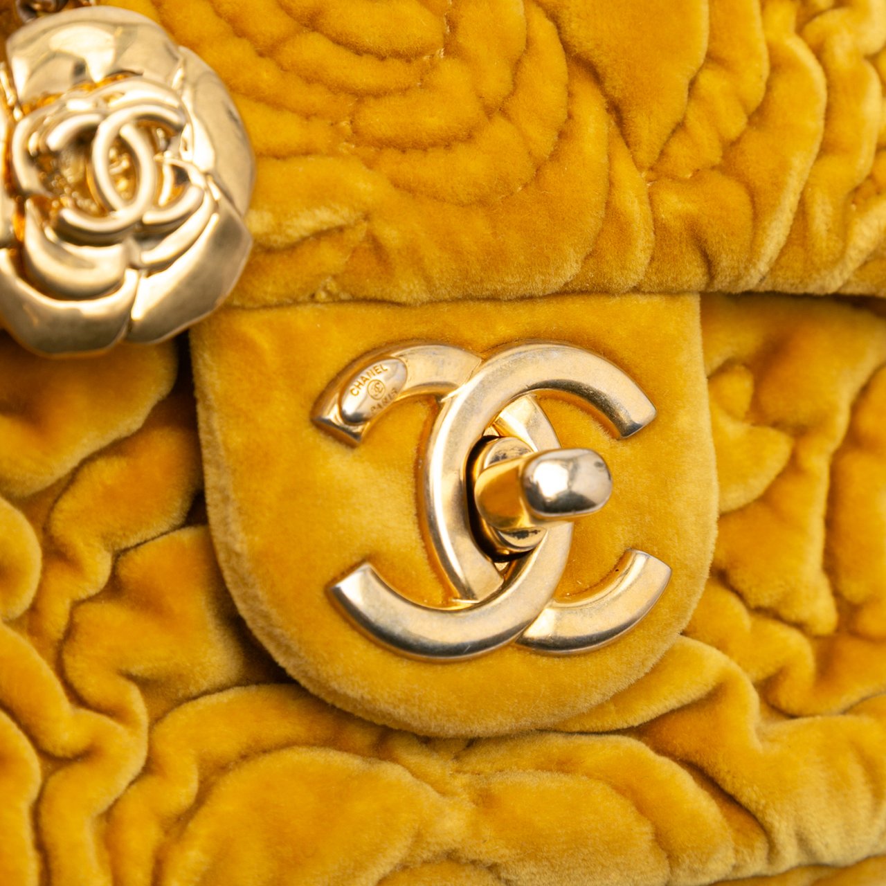 Chanel Mini Square Velvet Camellia Embossed Flap Geel