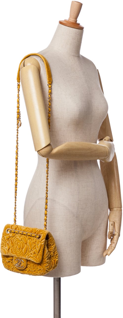 Chanel Mini Square Velvet Camellia Embossed Flap Geel
