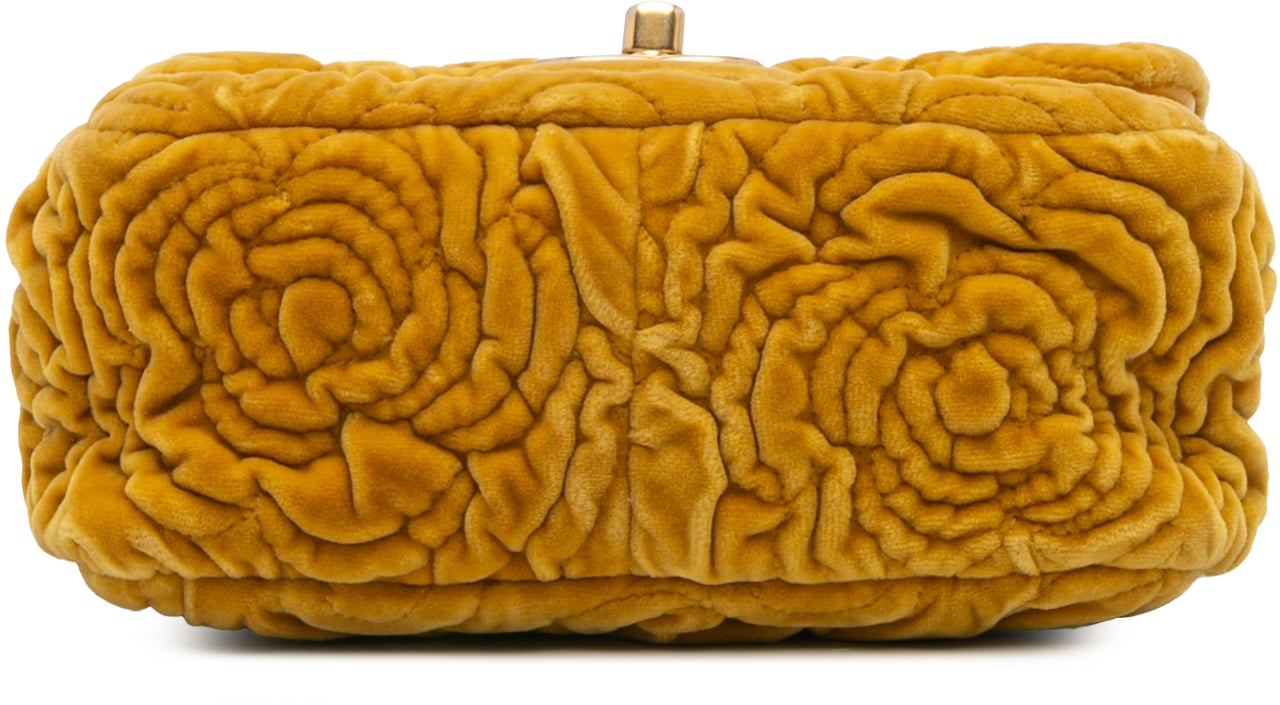 Chanel Mini Square Velvet Camellia Embossed Flap Geel