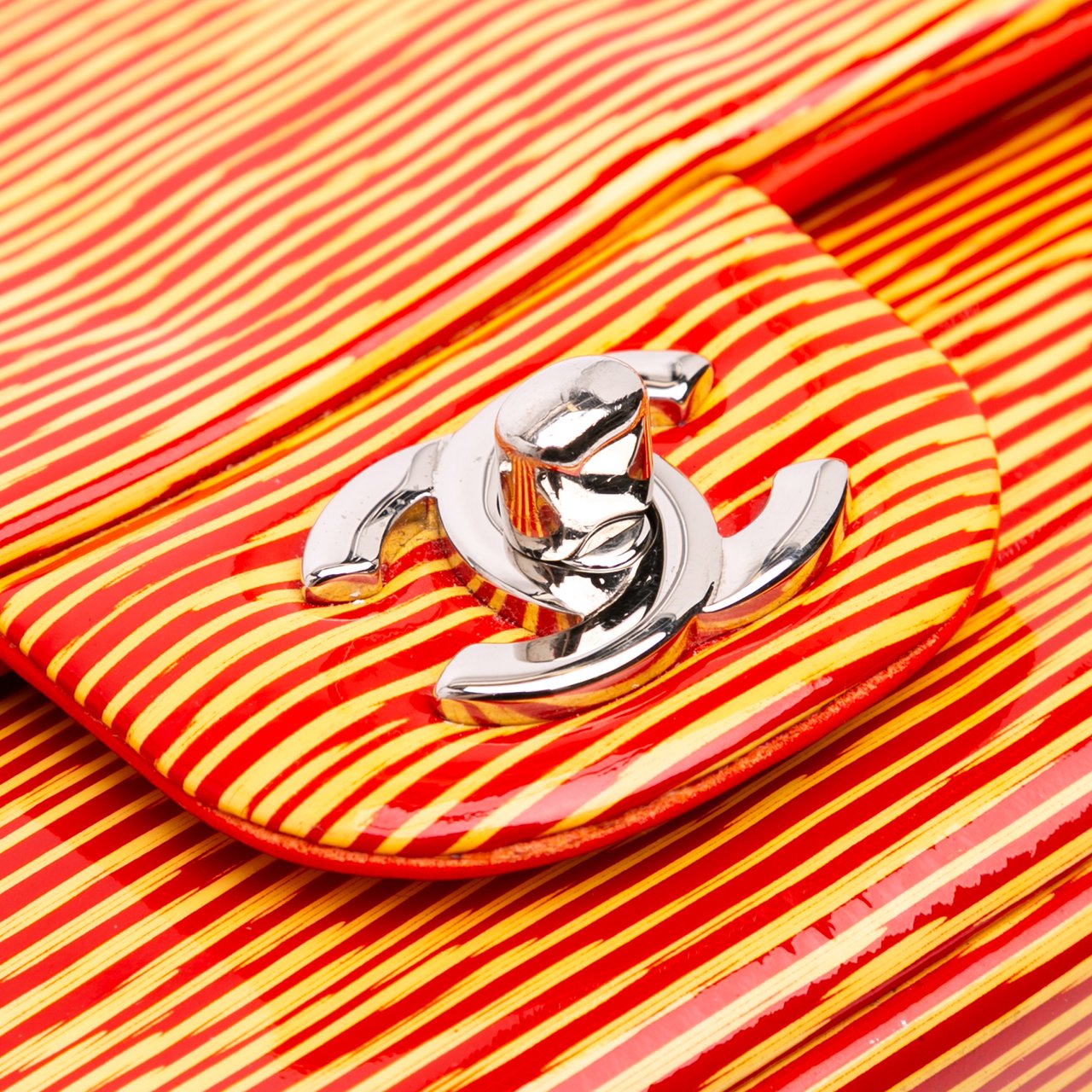 Chanel Mini Square Classic Patent Striped Single Flap Oranje