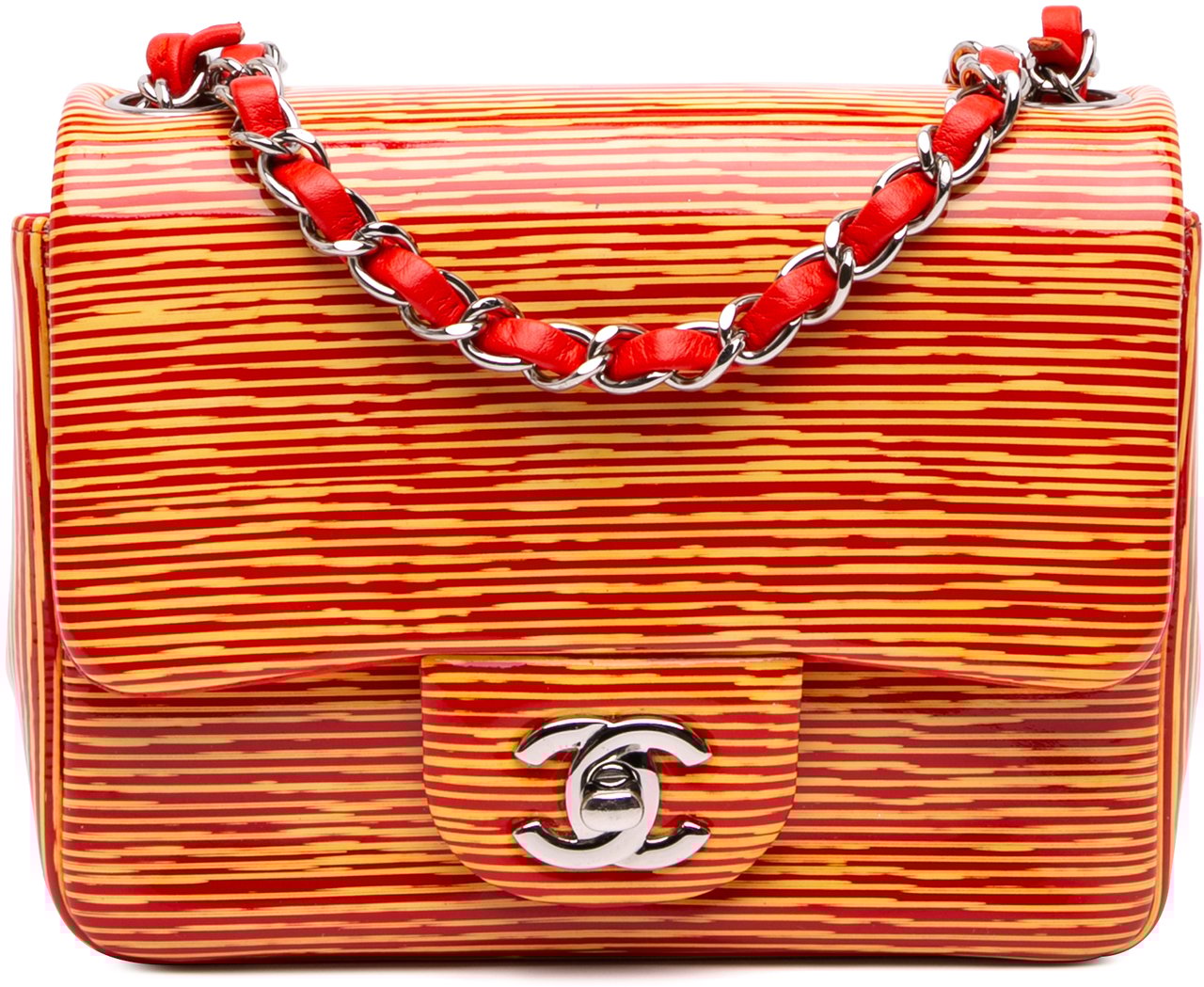 Chanel Mini Square Classic Patent Striped Single Flap Oranje