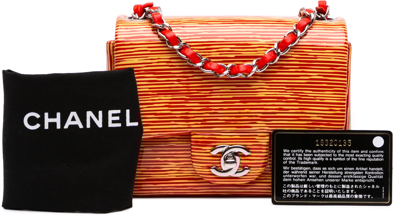 Chanel Mini Square Classic Patent Striped Single Flap Oranje