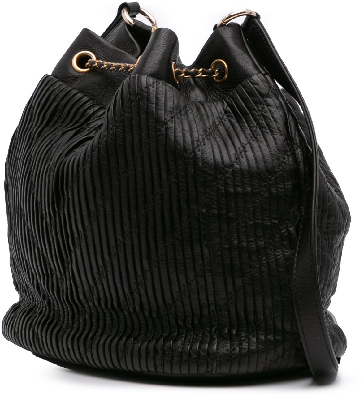 Chanel Medium Crumpled Calfskin Coco Pleats Drawstring Bucket Bag Zwart