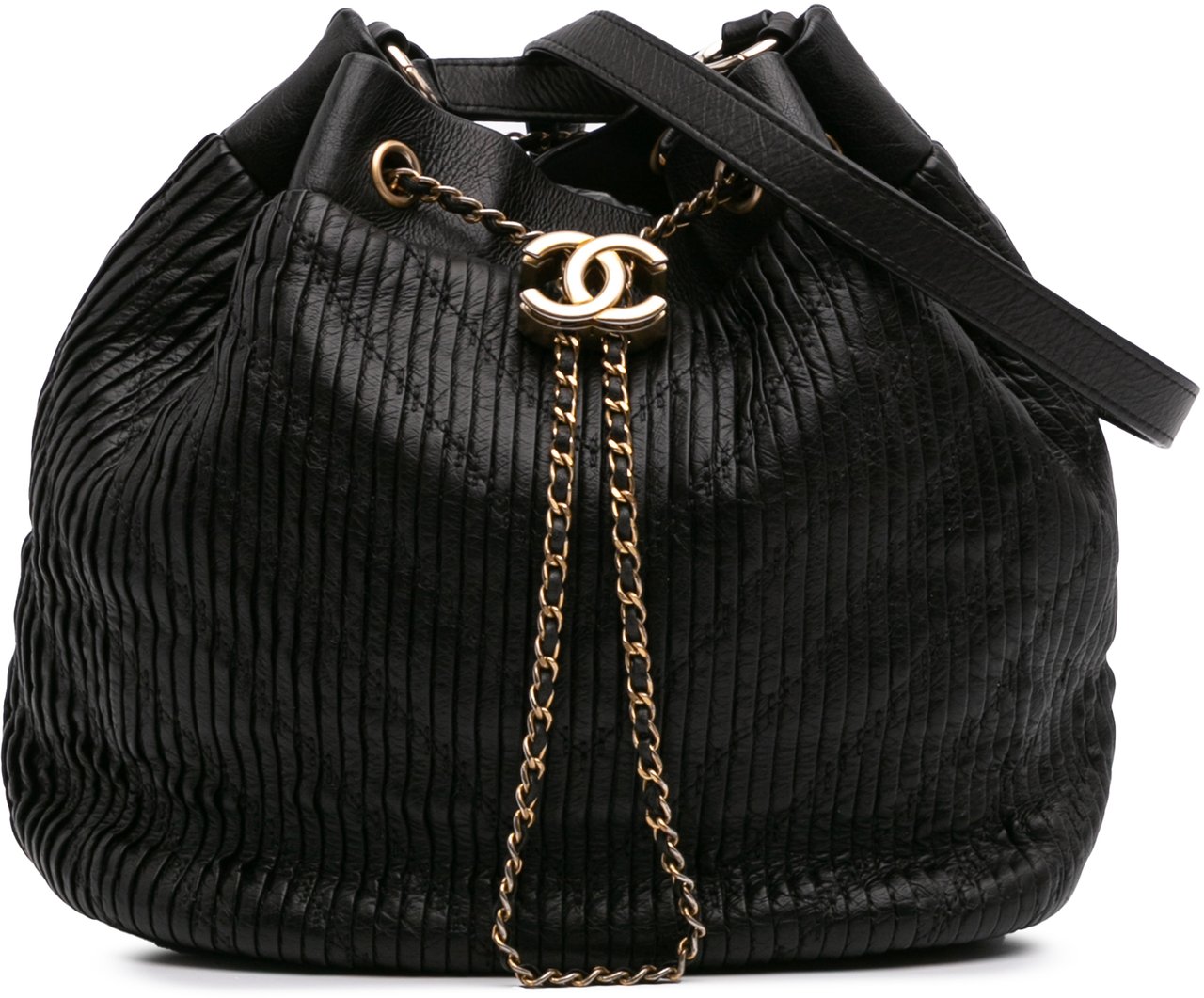 Chanel Medium Crumpled Calfskin Coco Pleats Drawstring Bucket Bag Zwart