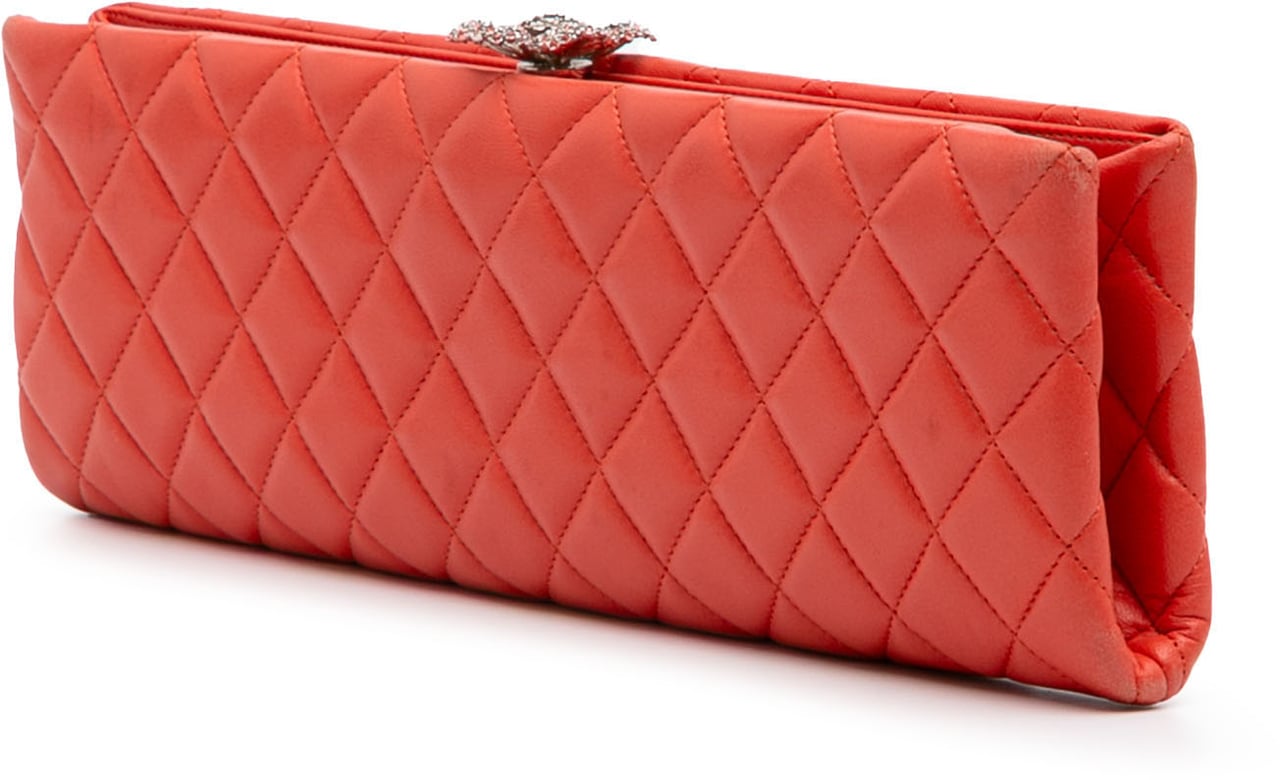 Chanel Quilted Lambskin Crystal Camellia Long Clutch Oranje