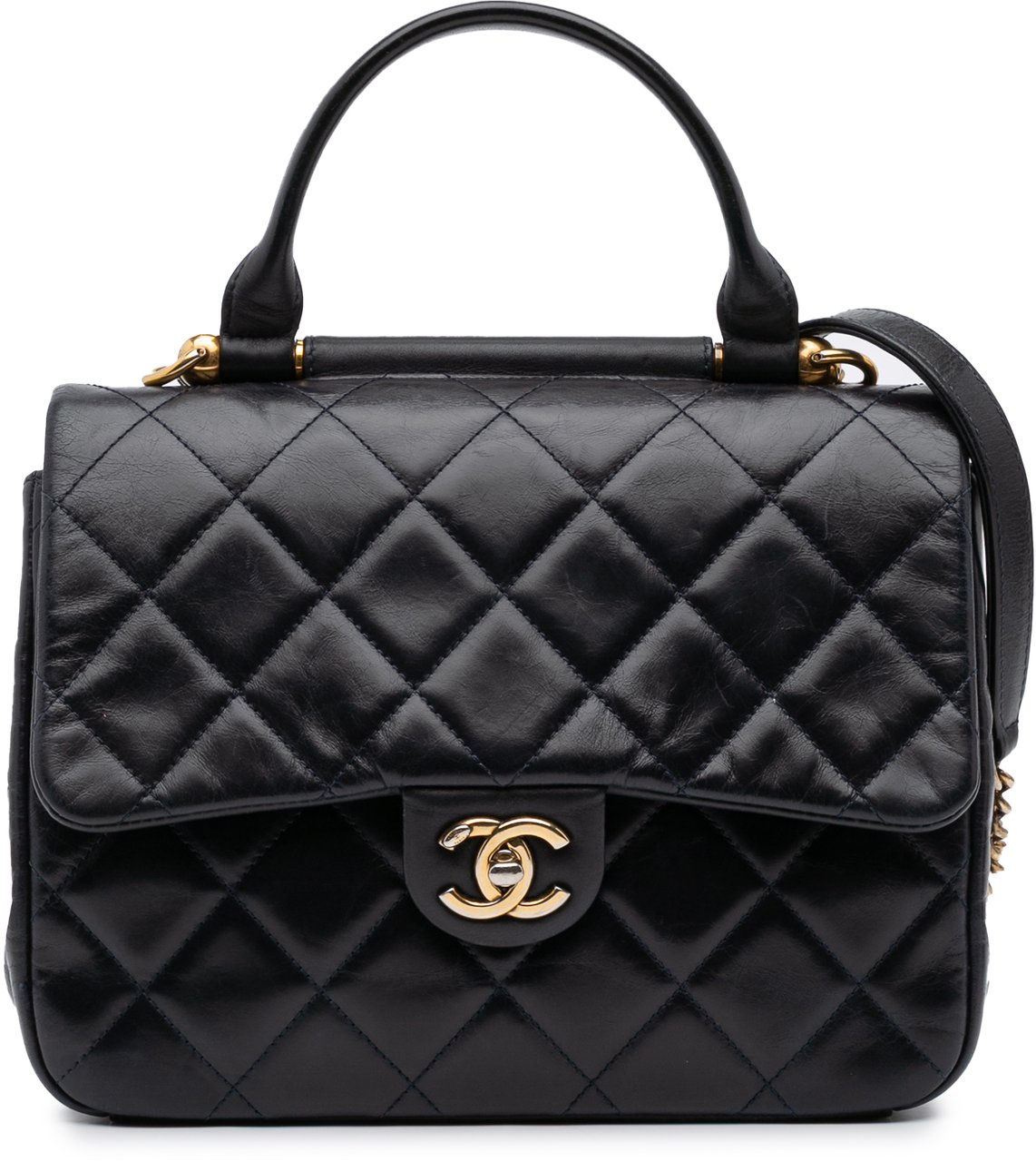 Chanel Medium Quilted Glazed Calfskin Gold Bar Top Handle Flap Blauw