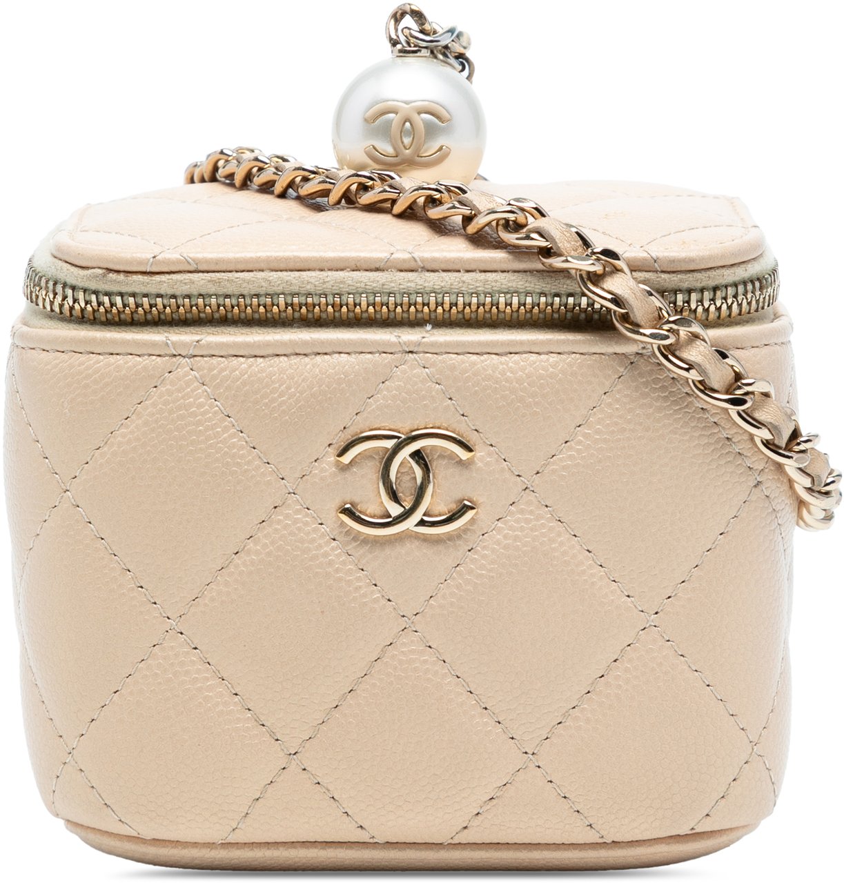 Chanel Mini Quilted Iridescent Caviar Pearl On Top Vanity Case With Chain Bruin