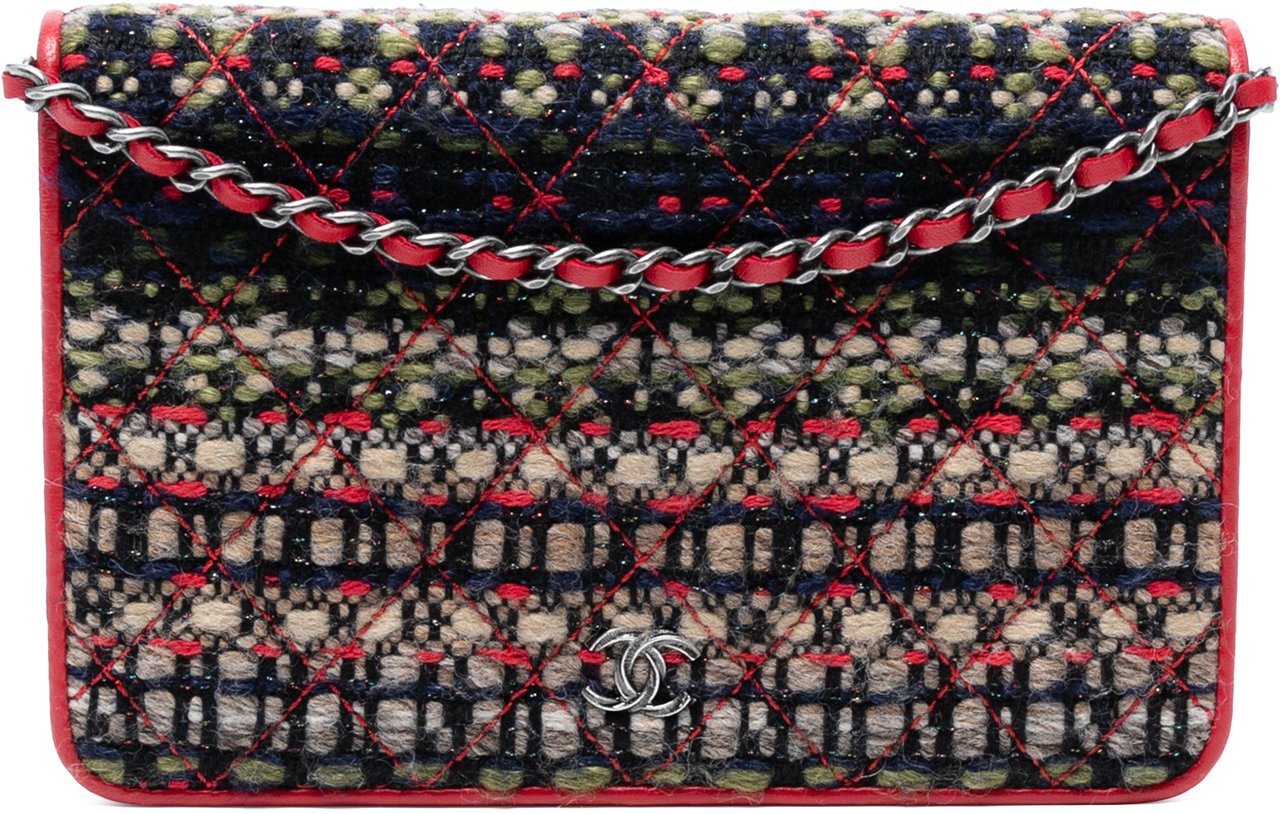 Chanel CC Quilted Tweed Wallet On Chain Rood