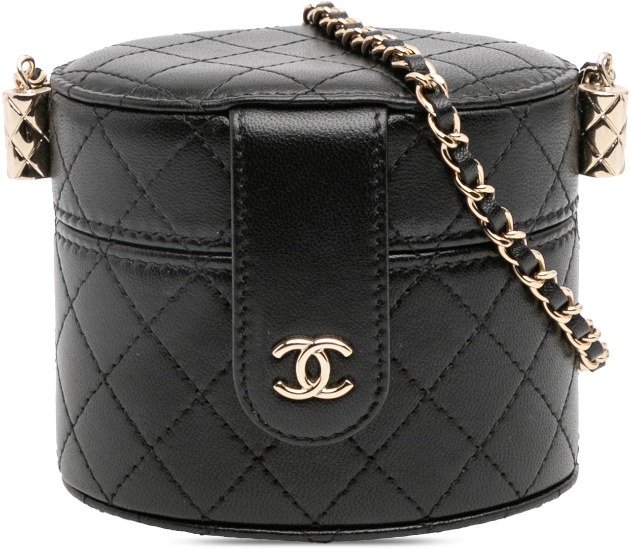 Chanel Mini Quilted Lambskin Round Vanity Case with Chain Zwart