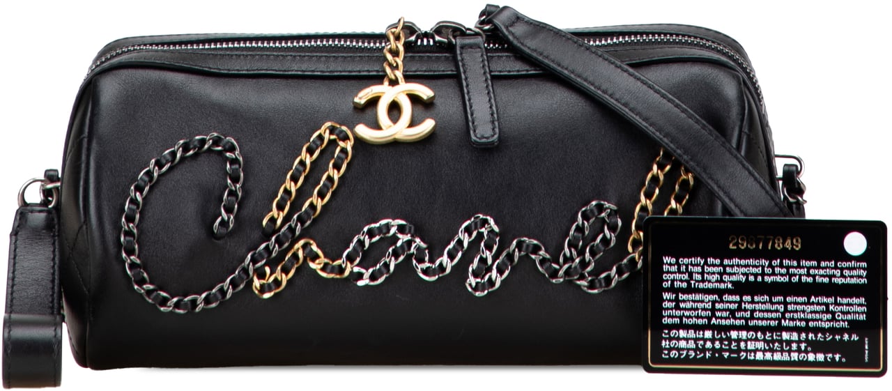 Chanel Calfskin Signature Chain Signe Bowling Bag Zwart