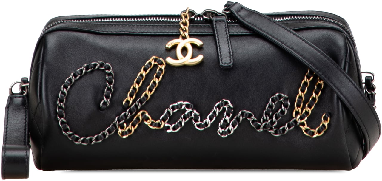 Chanel Calfskin Signature Chain Signe Bowling Bag Zwart