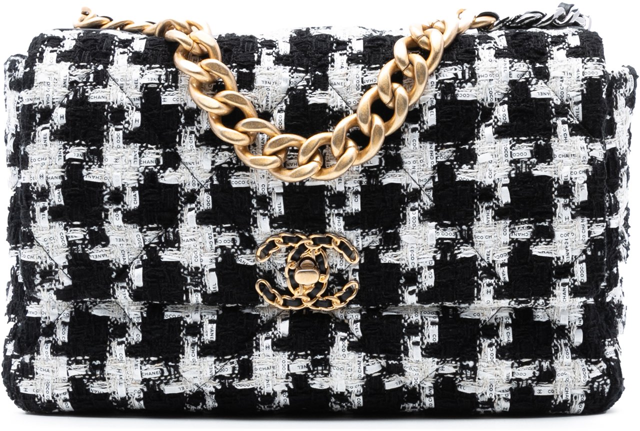 Chanel Large Houndstooth Tweed 19 Flap Zwart