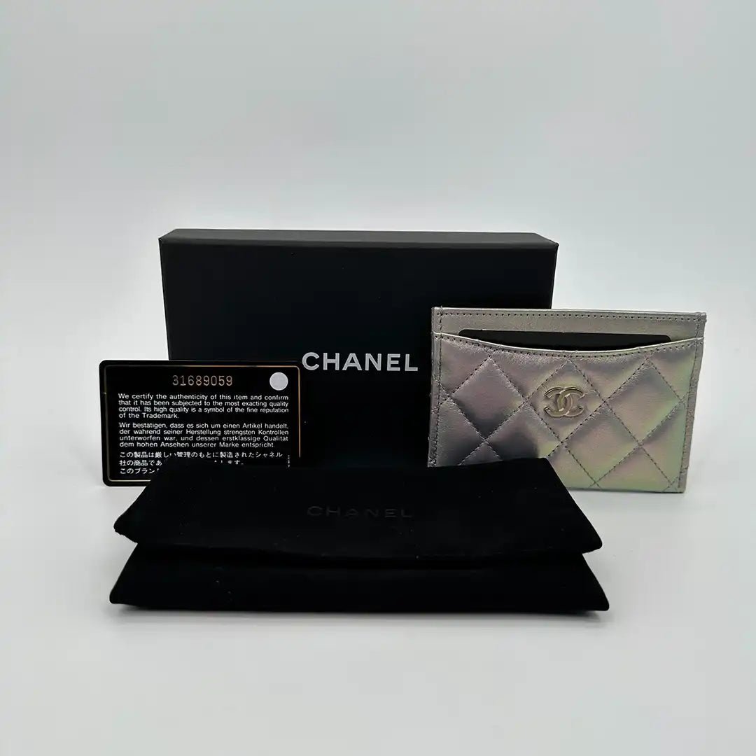 Chanel Chanel Iridescent Card Case Card Holder Leather Purple Fullset Zilver