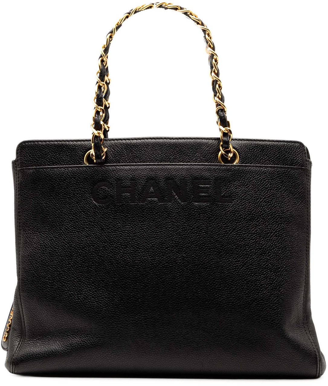 Chanel Caviar Logo Chain Tote Zwart