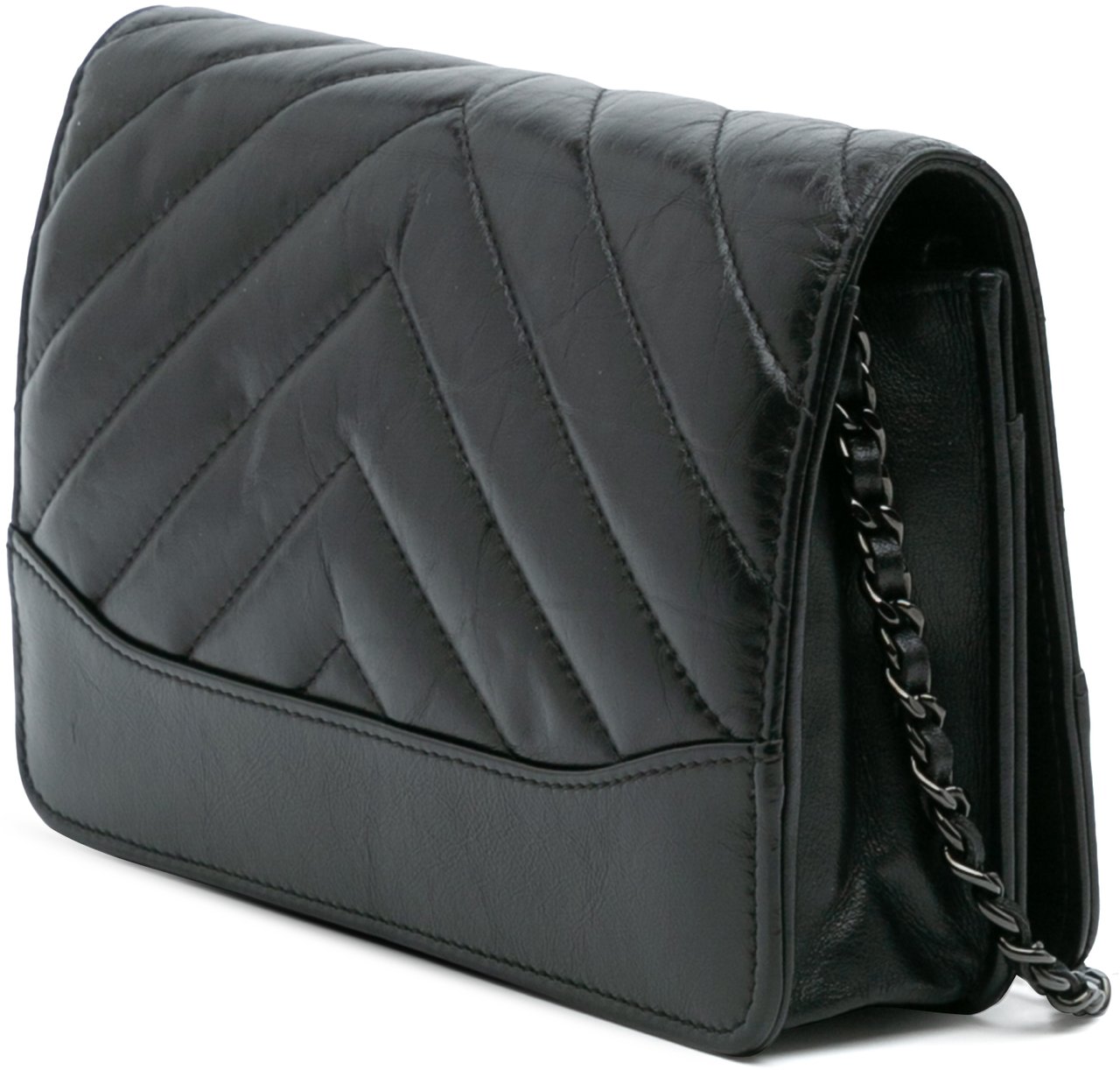 Chanel Chevron Aged Calfskin Gabrielle Wallet On Chain Zwart