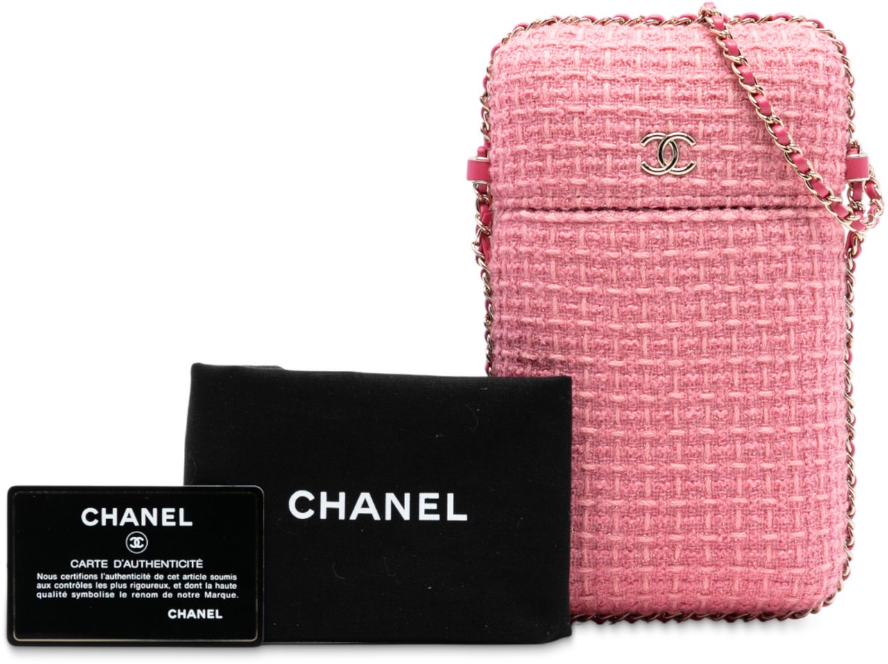 Chanel Tweed Chain Around Phone Holder Roze