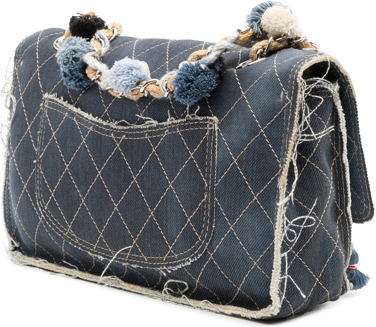 Chanel Paris Dubai Medium Quilted Denim Pompom Flap Blauw