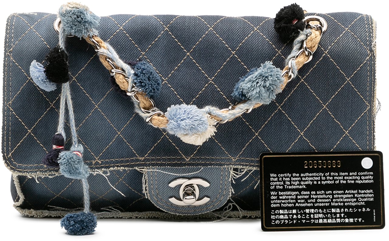 Chanel Paris Dubai Medium Quilted Denim Pompom Flap Blauw
