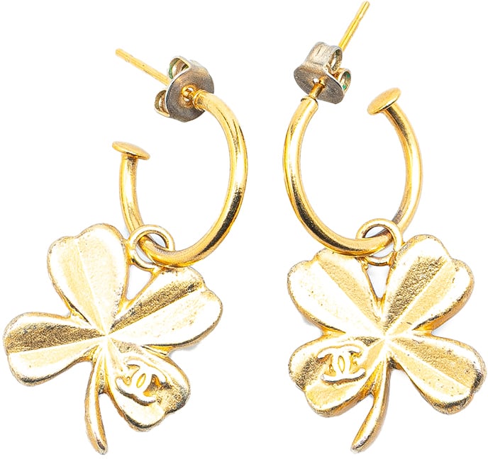 Chanel Gold Plated Clover Hoop Push Back Earrings Goud