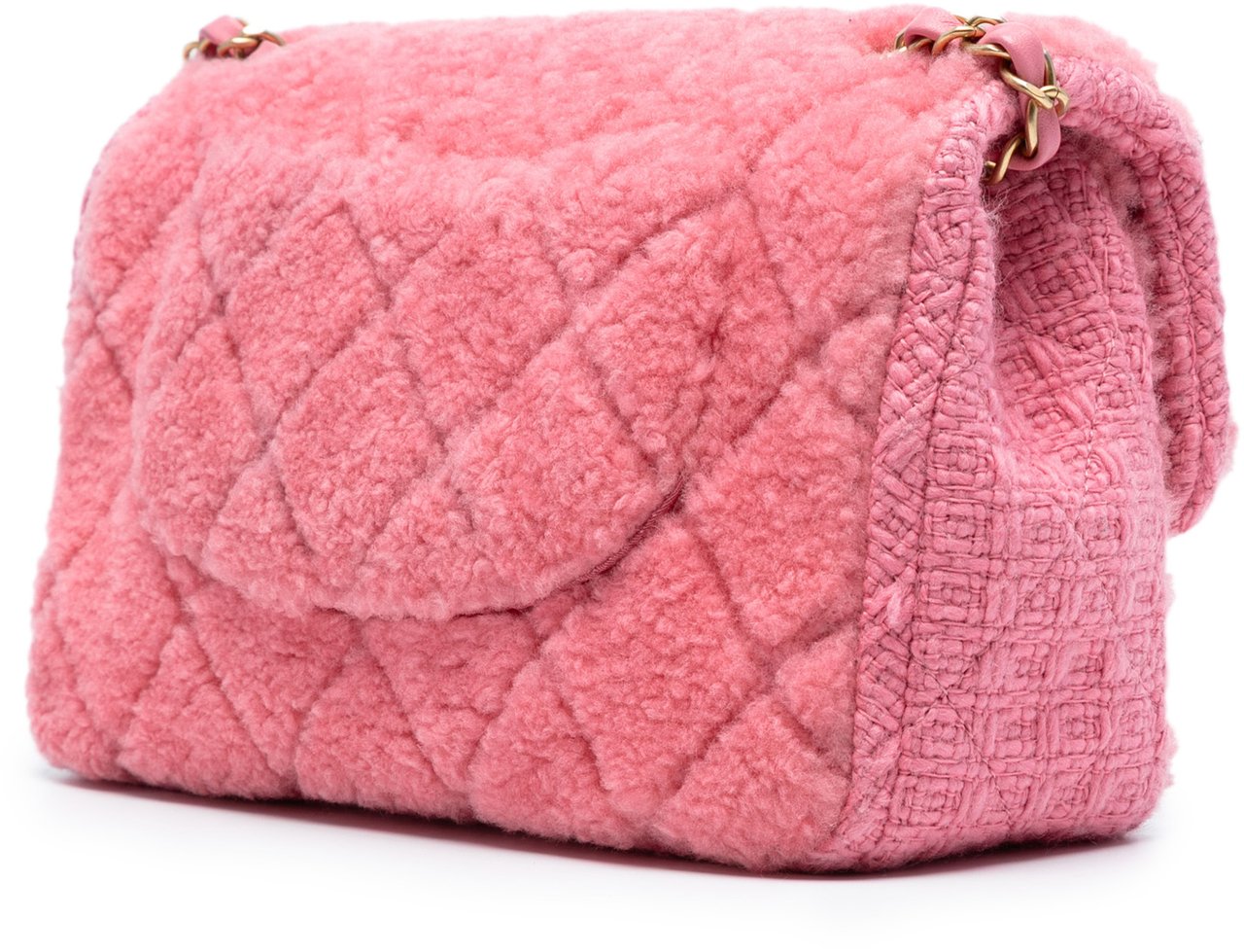 Chanel CC Quilted Shearling and Tweed Single Flap Roze