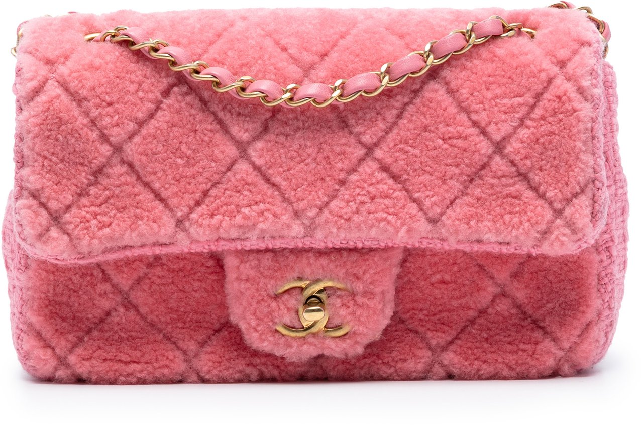 Chanel CC Quilted Shearling and Tweed Single Flap Roze