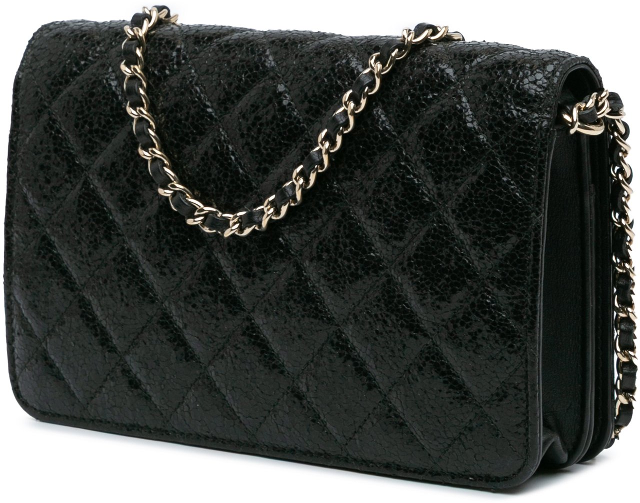 Chanel Quilted Crackled Patent Calfskin Pearl Wallet On Chain Zwart