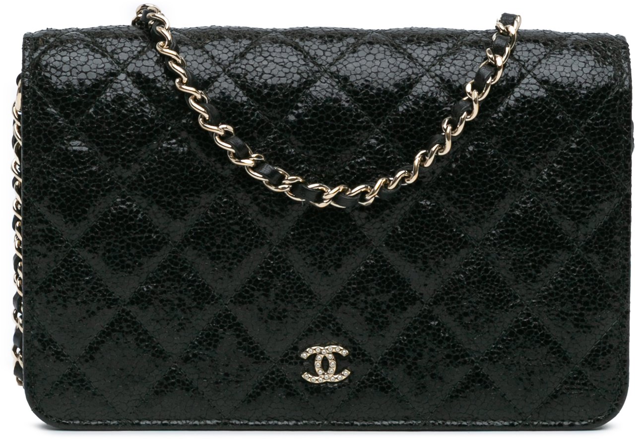 Chanel Quilted Crackled Patent Calfskin Pearl Wallet On Chain Zwart