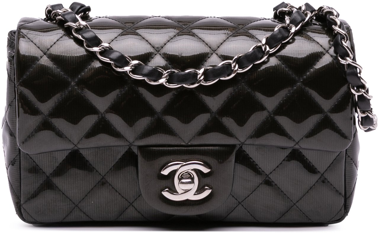 Chanel Mini Rectangular Classic Striped Patent Single Flap Zwart
