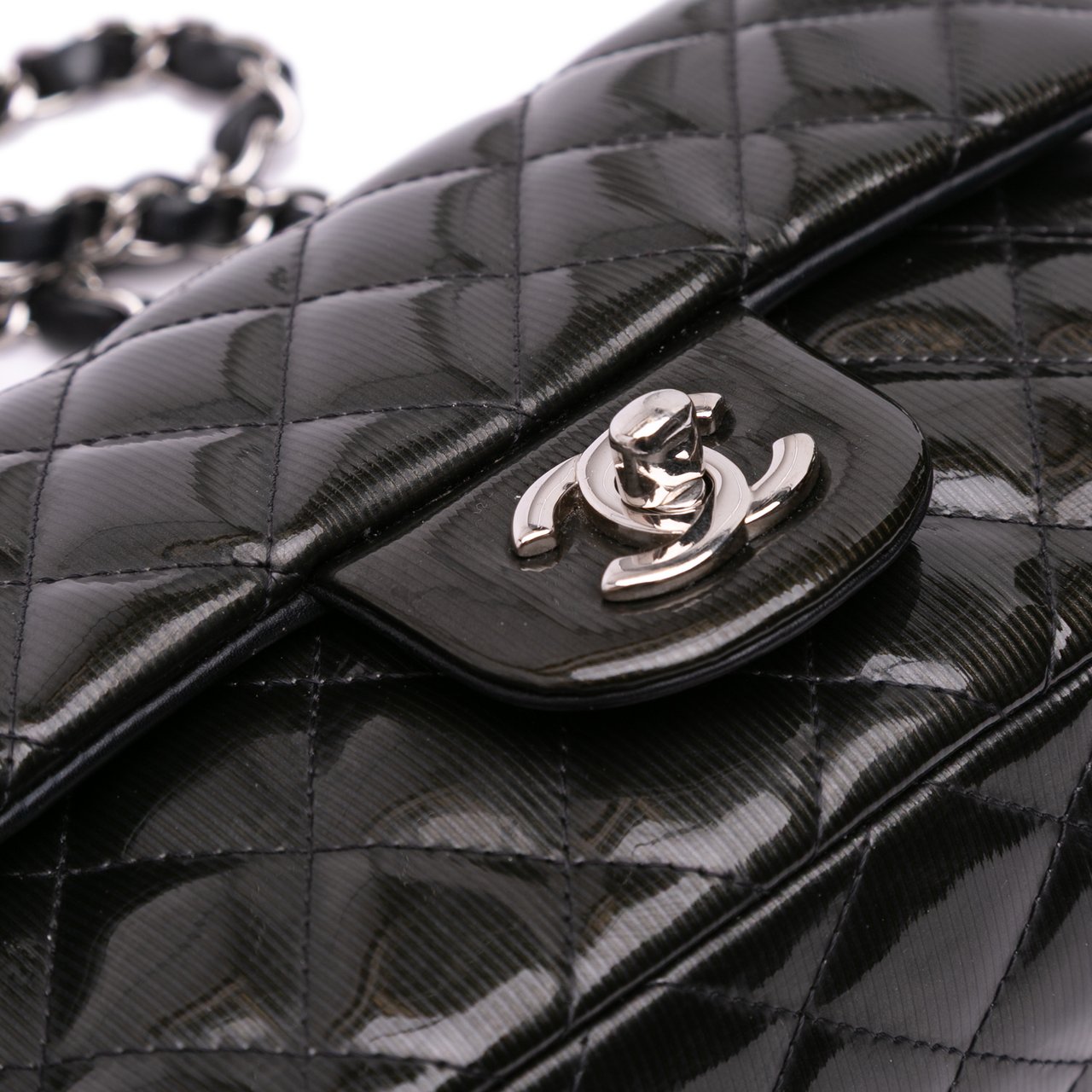 Chanel Mini Rectangular Classic Striped Patent Single Flap Zwart