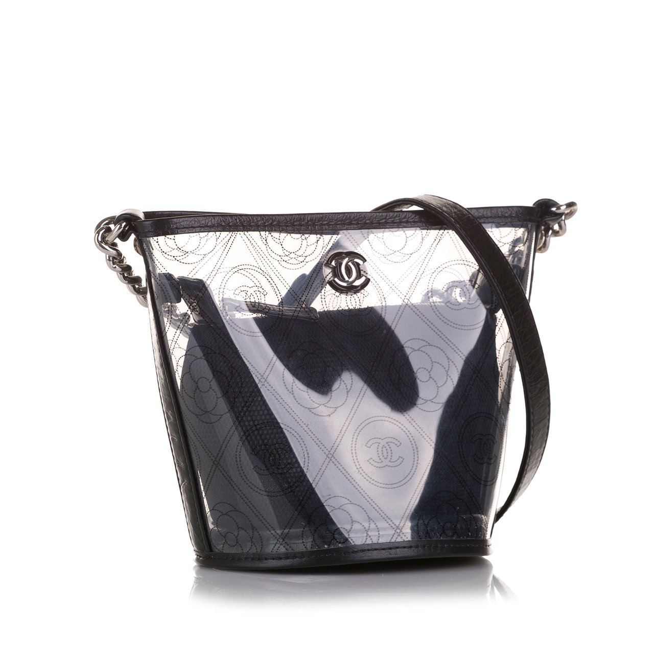 Chanel Crumpled Calfskin PVC Camellia Bucket Zwart