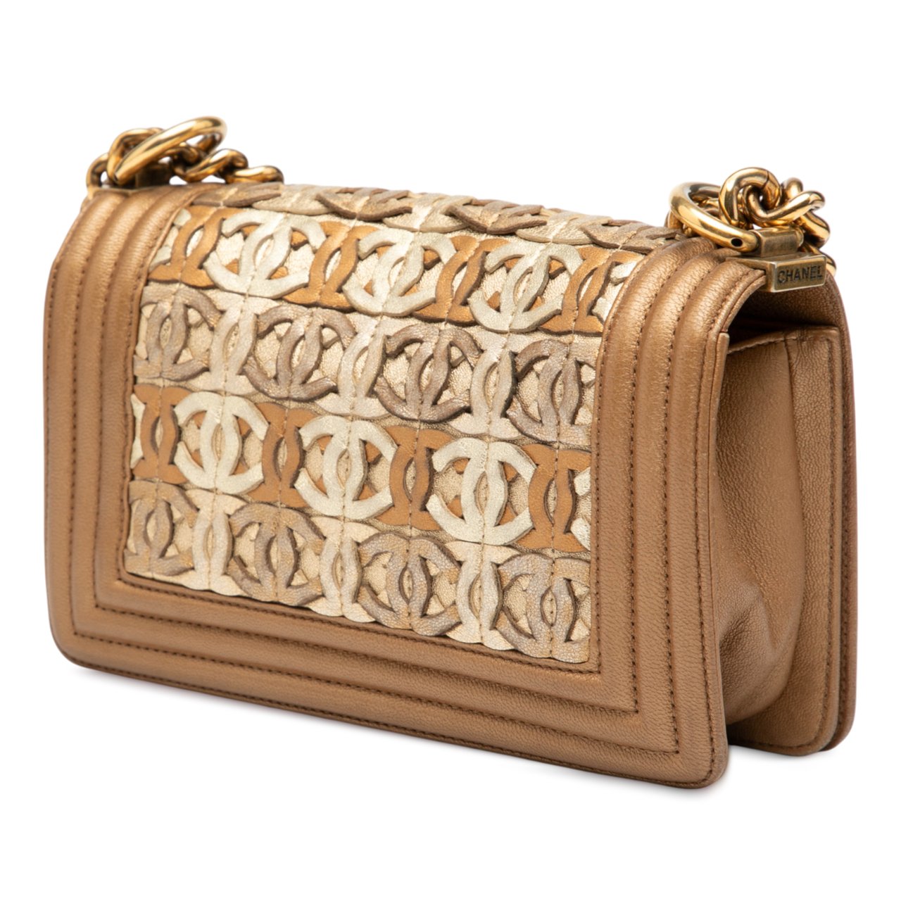 Chanel Small Quilted Metallic Lambskin Interwoven CC Boy Flap Bruin