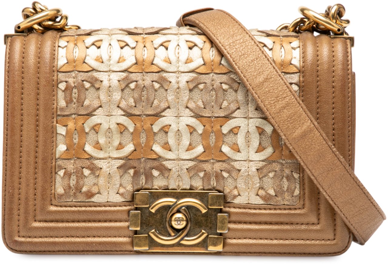 Chanel Small Quilted Metallic Lambskin Interwoven CC Boy Flap Bruin