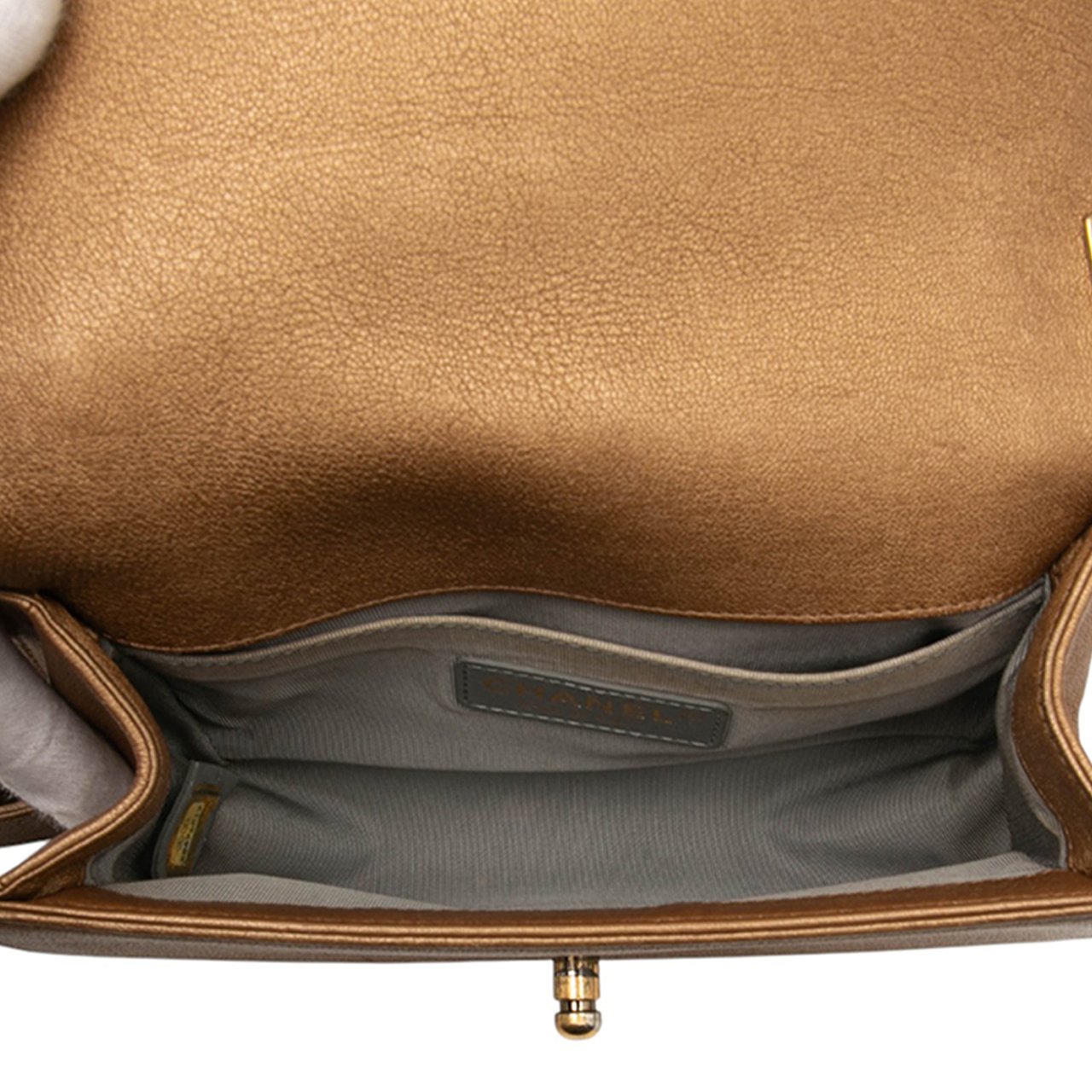 Chanel Small Quilted Metallic Lambskin Interwoven CC Boy Flap Bruin