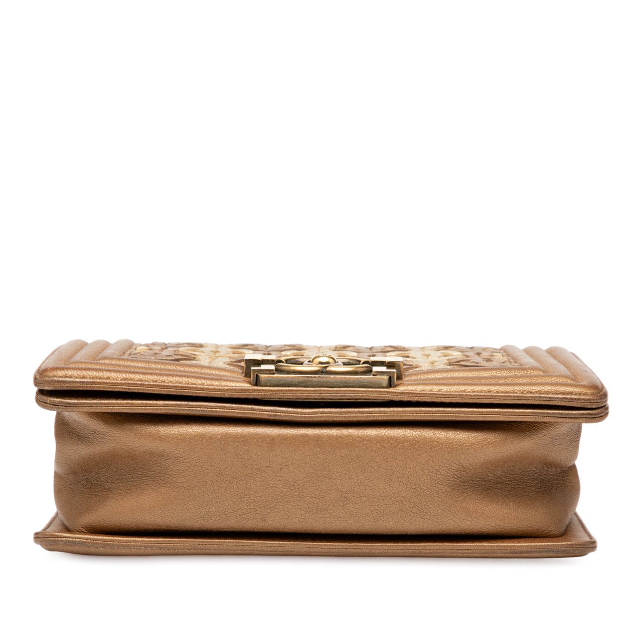 Chanel Small Quilted Metallic Lambskin Interwoven CC Boy Flap Bruin