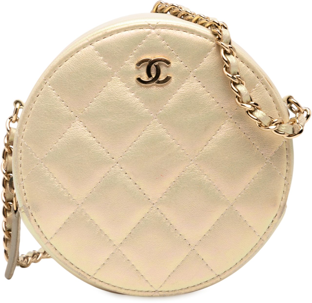Chanel Quilted Iridescent Lambskin Round Clutch With Chain Goud