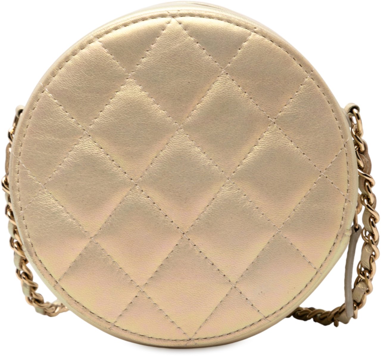 Chanel Quilted Iridescent Lambskin Round Clutch With Chain Goud
